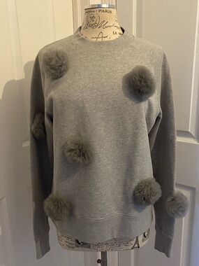 Tibi Gray Pom-Pom Crewneck Sweatshir